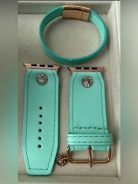 Turquoise Leather Watch Band and Gracie Bracelet Set with rose gold hardware.